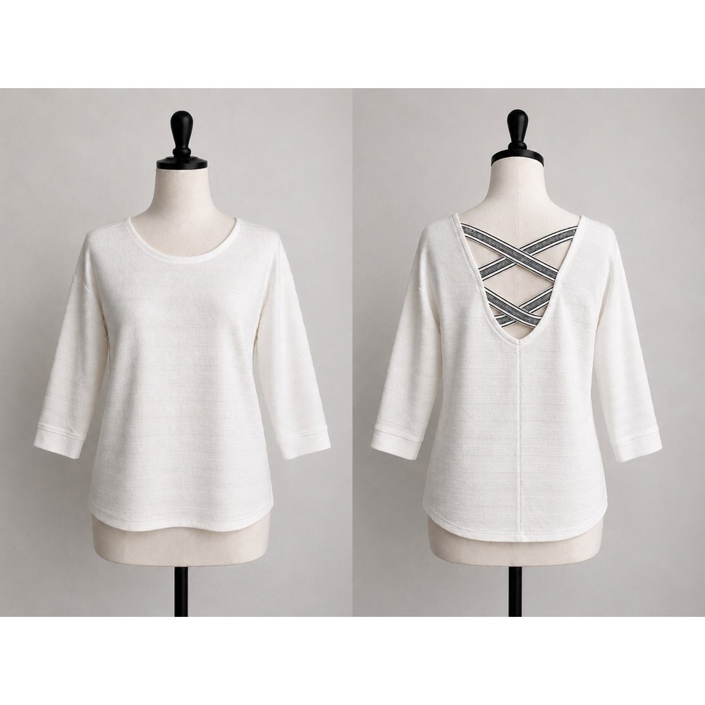 T by Talbots White Textured Crisscrossβ Back 3/4 Sleeve Top Petite Medium Mp